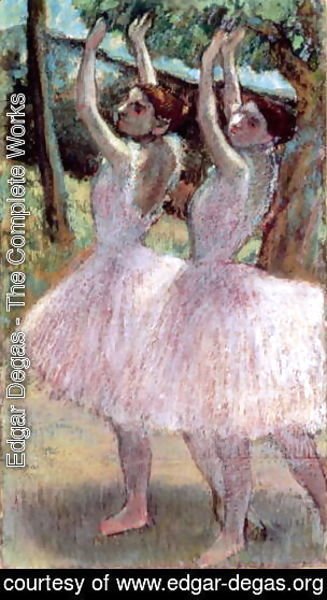 Dancers in violet dresses, arms raised, c.1900