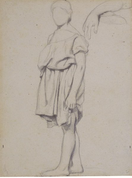 A draped figure in profile to the left, and a study of an arm