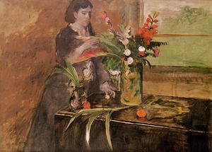 Young woman arranging flowers, 1872